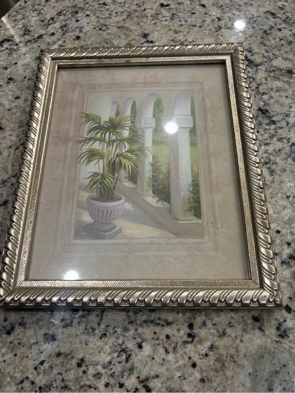 Framed picture of a tropical outdoors Preowned frame has wear & spots